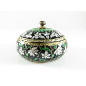 Vintage Enameled Sterling Silver Green, Black, Gold, White Trinket Stash Box